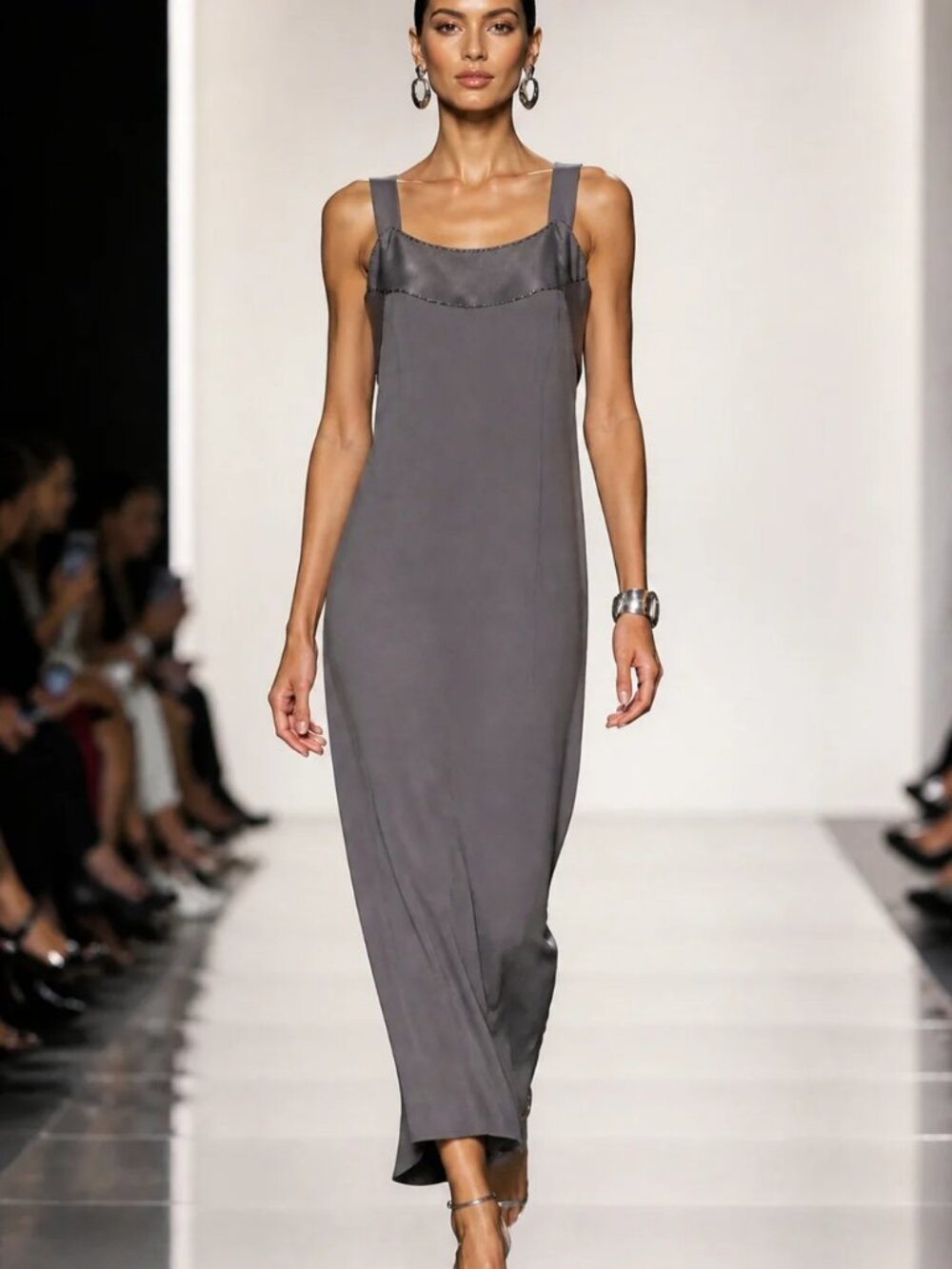 Satin Trim Sleeveless Charcoal Grey Cocktail Party Wedding Guest Maxi Dress Med